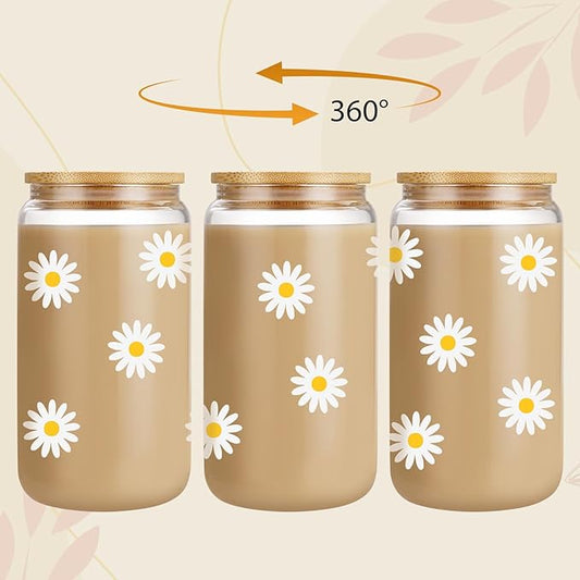 GSPY Daisy Aesthetic Gifts, Iced Coffee Cup, Cute Glass Cups with Lids and Straws - Cute Mugs, Flower Mug, Glass Tumbler - Valentines Day, Birthday Gifts for Women, Coffee Lovers, Friend, Girls, Mom