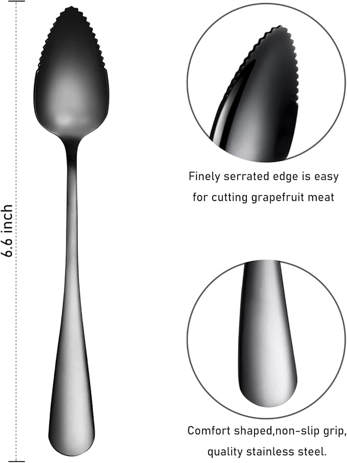 5 PCS Grapefruit Spoons, Stainless Steel Grapefruit Spoon Utensil Set, Serrated Edge & Thick Gauge Handle, Black Kitchen Tool with Non-stick Plating for Kiwi, Dessert, Apple, Citrus Fruit