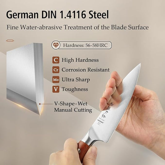 HEZHEN Petty Knife - 5.3” Chef Utility Knife, High Carbon German 1.4116 Stainless Steel Blade, Full Tang, Red Wood Handle, Premium Gift Box,
