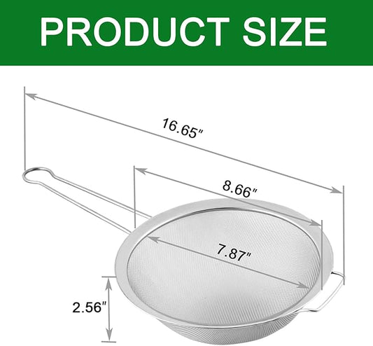 Large Fine Mesh Strainer with Sturdy Handle, 8.66” Stainless Steel Strainers, Bonus 20x20 Inch Reusable Cotton Cheese Cloths with 4 Hemmed Edges, Sieve Sifter for Straining, Cooking, Baking