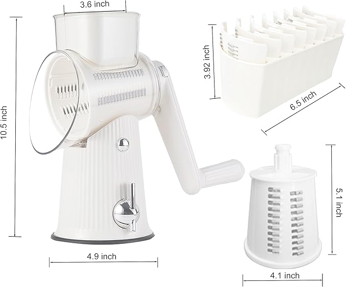 5-in-1 Rotary Cheese Grater Vegetable Slicer, 5 Interchangeable Blades Food Shredder with Anti-Slip Reinforced Suction Base, Kitchen Mandoline Chopper with Blade Storage Box (White)