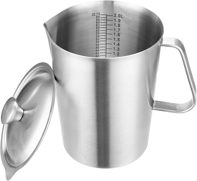 Stainless Steel Pitcher with Lid, 2 L/70 oz Measuring Cup with Dual-Scale Markings, Milk Frothing Jug, Large Beaker for Espresso Machine, Hot/Cold Water, Latte Art, Iced Tea, Coffee Drinks