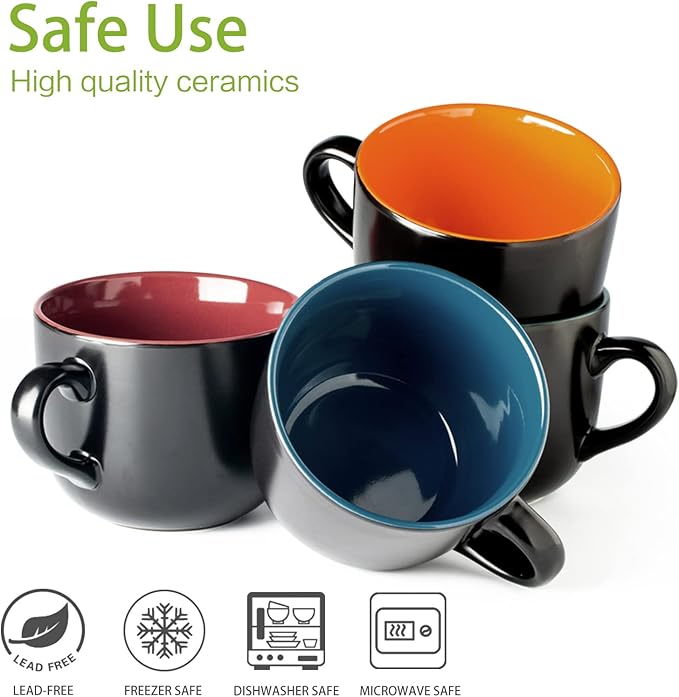 GBhome Jumbo Soup Mugs with Handles, 24 Oz Large Coffee Mugs Set of 4, Ceramic Soup bowls for Soup Cereal Snacks Salad Noodles Cups, Microwave safe - Matte Black, Colorful Inside