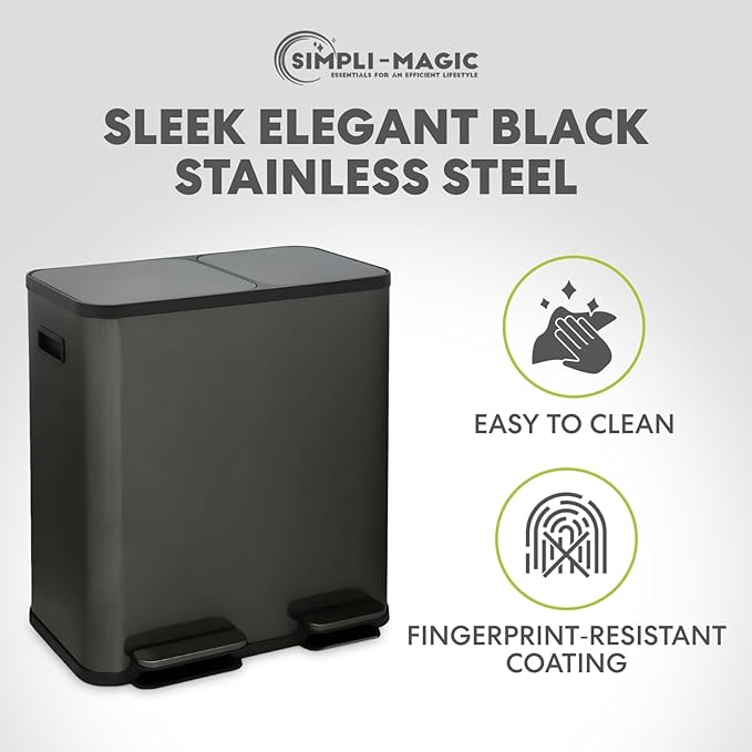 Simpli-Magic 70 Liter / 18.5 Gallon Rectangular Hands-Free Dual Compartment Recycling Kitchen Step Trash Can with Soft-Close Single Lid, Stainless Steel (40L x 30L Capacity) Elegant Black Finish