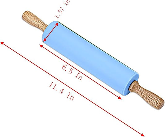 Silicone Rolling Pin, 9 Inch Green Rolling Pin with Wooden Handle for Kneading the Dough of Cookie, Baking Bread, Pizza and Noodles (Blue, 11.4 inch)
