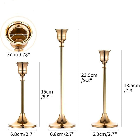 IBSales | Set of 3 Metal Taper Candle Holders – Gold Vintage-Inspired Decorative Centerpiece for Table, Mantel, Wedding, or Housewarming Gift – Elegant Modern Design.