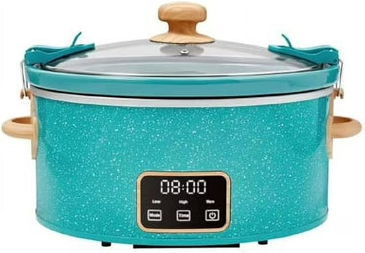 Pioneer Woman 6-Quart Programmable Digital Slow Cooker with Locking Lid – Portable Design & Dishwasher Safe (Teal)