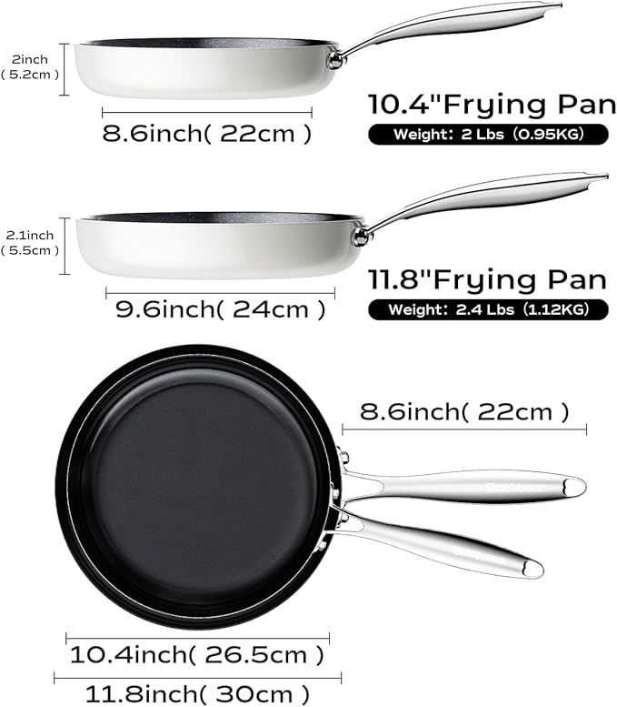 Stackbear Nonstick Frying Pan Ceramic Cookware Set for Cooking (10.4+11.8 Inch), Tri-Ply Stainless Steel Pan, Non Toxic Skillet, PTFE & PFOA Free, Compatible with All Stovetops, Dishwasher & Oven Safe