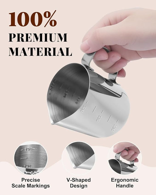 Milk Frothing Pitcher, 12oz/350ML Milk Frother Cup with Clear Scale 1PCS, Stainless Steel Cappuccino Espresso Machine Accessories for Barista Coffee Bar Attached Dessert Spoons 2PCS