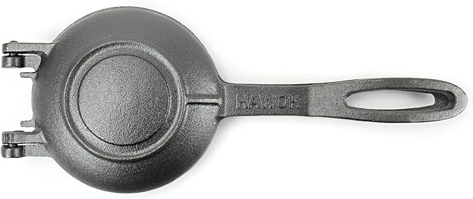 HAWOK Compact Cast Iron Grilled Sandwich Maker, 12" L x 4.72" W x 1.85" H, Round Pie Iron, Pre-seasoned