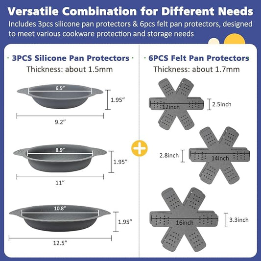 BYKITCHEN 3PCS Silicone Pan Protectors with 6PCS Felt Pan Pot Separators Dividers Pads for Stacking and Protecting Your Cookware, Compatible with Hexclad Cookware Set, Tfal Nonstick Frying Pans &More