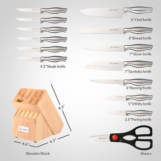 Kitchen Knife Set, 15 Pieces Knife Set with Block, Knives Set for Kitchen, Silver Hollow Ergonomic Handle for Chef Knife Set, Kitchen Shears,Black Knife Block Set