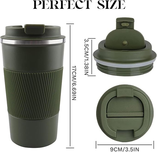 YINBAOGE Insulated Travel Coffee Mug, Spill & Leak Proof, Portable To Go Camping Stainless Steel Coffee Tumbler, Reusable Thermal Coffee Cup with Lid for Hot & Cold Drinks (Green, 17 OZ)