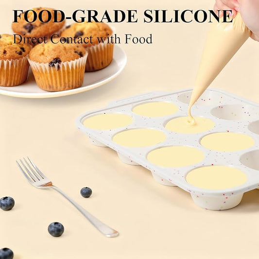 Vinino Silicone Muffin Pan for Baking with Metal Reinforced Frame, 12 Cups Regular Size Silicone Cupcake Pan with Non-Slip Handle, Nonstick Muffin Tray for Oven, BPA Free, Dishwasher Safe