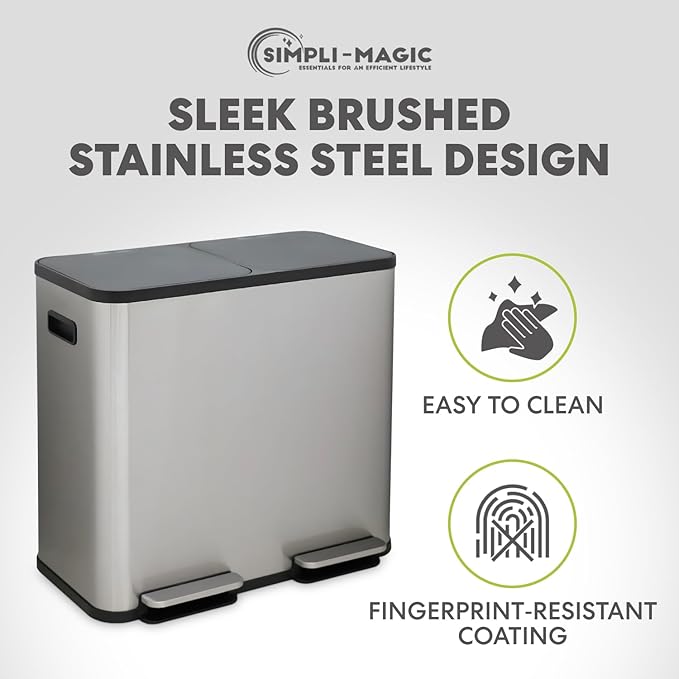 Simpli-Magic 80 Liter / 21 Gallon Rectangular Hands-Free Dual Compartment Recycling Kitchen Step Trash Can with Soft-Close Single Lid, Stainless Steel (40L x 40 L Capacity) Stainless Steel Finish