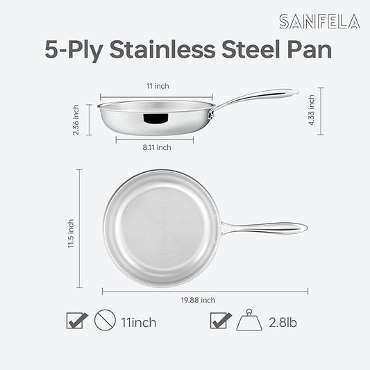 11 Inch Stainless Steel Frying Pan, 5-Ply Stainless Steel Skillet, Dishwasher and Oven Safe, Induction Pan, Even Heat Distribution