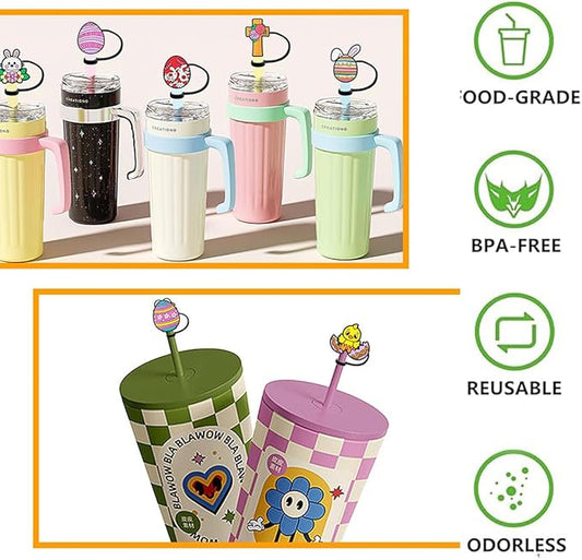 Easter Straw Toppers Covers Silicone Easter Bunny Straws Tips Cover Protector Bunny Toppers for Tumblers Cap Dustproof Reusable Tip Lids for 1/4-1/3 in Drinking Cup Accessories 6Pcs