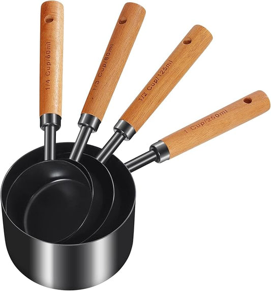 GuDoQi 8pcs Measuring Cups and Spoons Set Wood Handle Golden Stainless Steel Measuring Cups and Spoons,Measurements, US Measurements Dry & Liquid Kitchen Measure Set for Cooking and Baking, Black