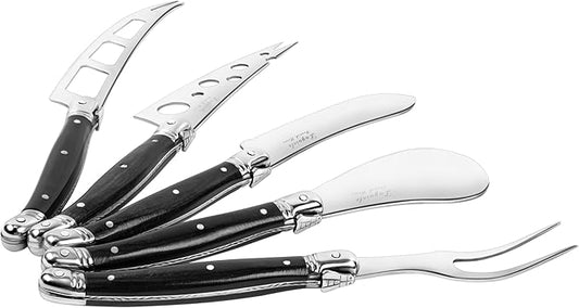 French Home Laguiole 5-Piece Artisan Cheese Knife Set – Versatile Cheese Knives Set with Three-Rivet Black Pakkawood Handles & Iconic Bee Emblem – Sophisticated Charcuterie Board Accessories