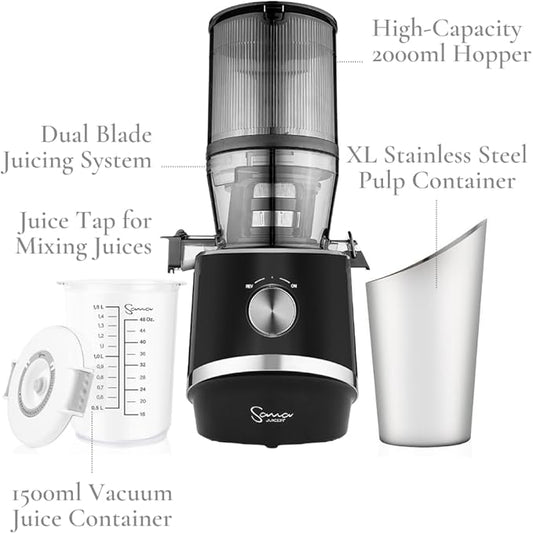 Sana 878 Self Feeding Batch Juicer | 3 Days of Cold Press Juicing Effortlessly | Most Convenient Juicer with Autopilot Configuration | Large Batch 2 Liter Capacity | Whole Fruits & Vegetables | Black