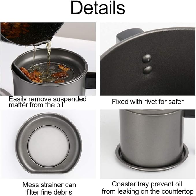 Ourokhome Bacon Grease Container with Strainer- 1.6 L or 6.7 Cup Iron Kitchen Oil Storage Can with Fine Mesh Strainer for Storing Hot Frying Oil, Fat (Gray)