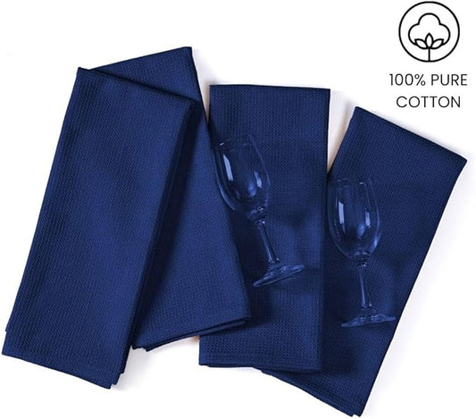 Waffle Kitchen Towels Large 16x26 inch 100% Cotton Set of 4 - Soft Absorbent Washable Tea Towel for Kitchen - Dish Cloths Quick Drying - 320 GSM Quality Dish Towel Blue