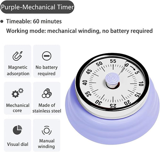 Elegant Stainless Steel Vintage Kitchen Timer with Magnetic Attachment - 60-Minute Countdown & Audible Alarm, Perfect for Cooking, Office Tasks, and Study Sessions (01-Purple)