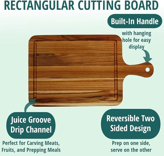 EcoDecors 17"x10" Teak Cutting Board with Handle & Juice Groove, FSC Certified Edge Grain Wood, Rectangle Prep & Serving Board for Kitchen