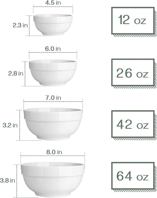 DOWAN Serving Bowls, 64/42/22/12 Oz Serving Dishes for Entertaining, Soft White Porcelain Nesting Bowls Set, Microwave & Dishwasher Safe, Versatile Prep Bowls for Fruit Salad Pasta Dessert Cereal