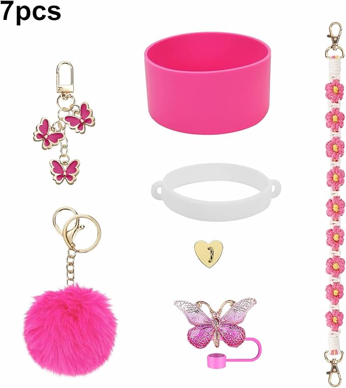 Accessories Set Including Water Bottle Handle Strap, Silicone Boot, Resin Butterfly Straw Cover, Straw Topper, Lip Balm Sleeve, Butterfly & Hairball Charms for Stanley Cup Tumbler