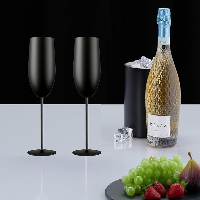 Stainless Steel Champagne Flutes Set of 4-Wedding &Birthday Gifts,8.5 Oz Unbreakable Champagne Glass with Long Stem,Reusable Indoor Outdoor Drinkware (Matte-Black)