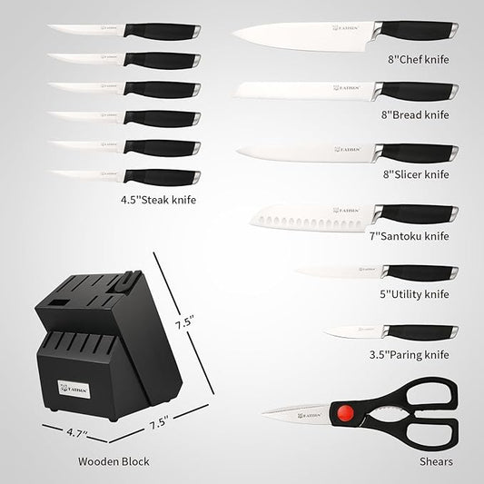 15-Piece Knife Set, German Steel, Durable and Dishwasher Safe, Ergonomic Handle Knife Block set with Built-in Sharpener for Chopping, Slicing, Dicing&Cutting Black