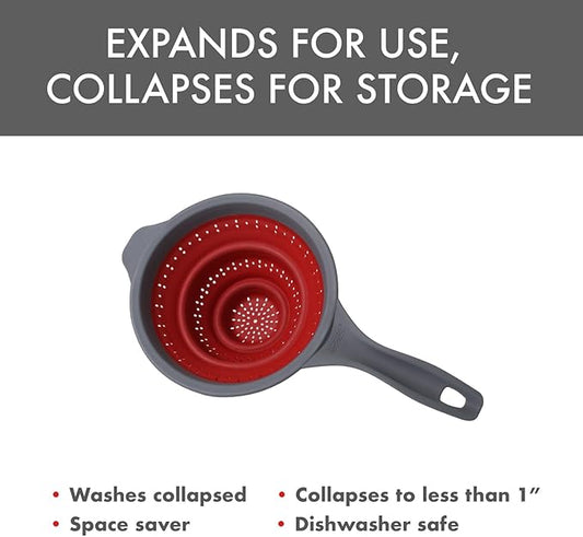 Dexas Pop N Store Collapsible Strainer, 8-Inch, Red, 1.3 Quarts Capacity, Dishwasher Safe, Space-Saving Design