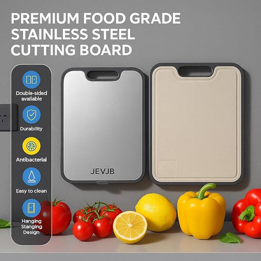 A premium Stainless Steel Cutting Board Ideal for Women and The Elderly, Metal Cutting Board 15"x10", Double-Sided Steel Chopping Board, Hygienic Non-Slip, Easy Clean Wheat Straw PP