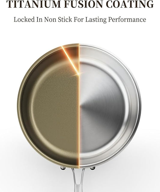 Abijan 11inch Stainless Steel Pan, Non stick frying pan, 3-Ply Titanium pan, Induction cooking pan, Nonstick Omelette Skillet, PFOA/PFAS/PTFE Free, Compatible with All Cooktops, Oven Safe, Brown