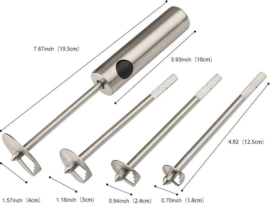 Veggie Core Drill Stainless Steel Vegetable Spiral Cutter Spiralizer Set of 4 for Coring and Hollowing out Zucchini, Potatoes, Carrot, Pear (Veggie Core)