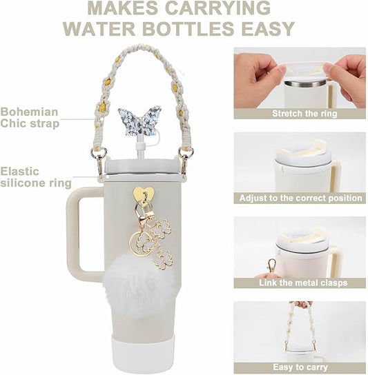 Accessories Set Including Water Bottle Handle Strap, Silicone Boot, Resin Butterfly Straw Cover, Straw Topper, Lip Balm Sleeve, Butterfly & Hairball Charms for Stanley Cup Tumbler