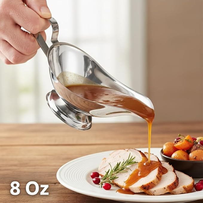 Stainless Steel Gravy Boat – Elegant Sauce Server with Gadroon Base & Easy-Pour Lip – Durable Metal Sauce Boat for Gravy, Dressings, Syrups, and Condiments – Dishwasher Safe (2, 8 Oz.)