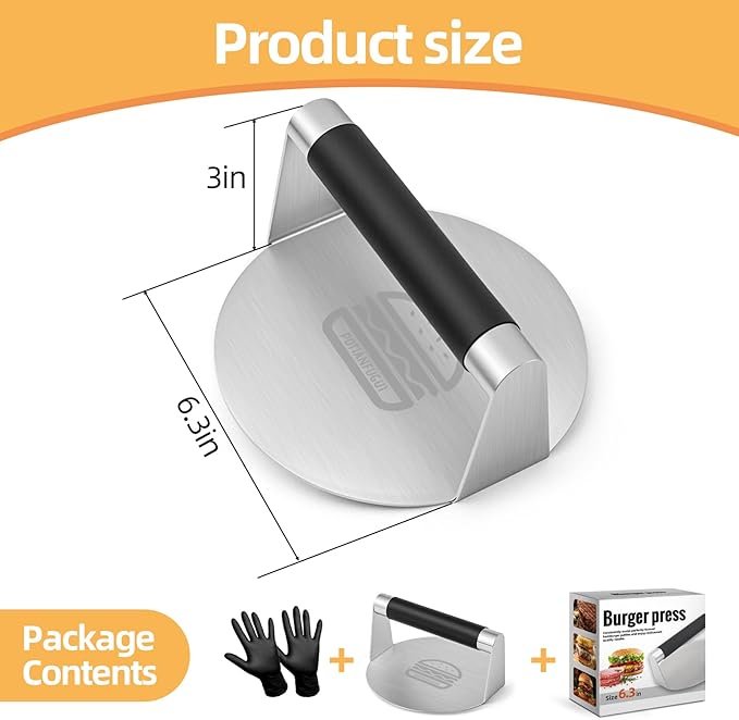 304 Stainless Steel Smash Burger Press with Heat-Resistant Gloves for Burger Lovers: Prevent From Getting Burned - 6.3 Inches Non Stick Hamburger Smasher Tool for BBQs and Cookouts - Dishwasher Safe