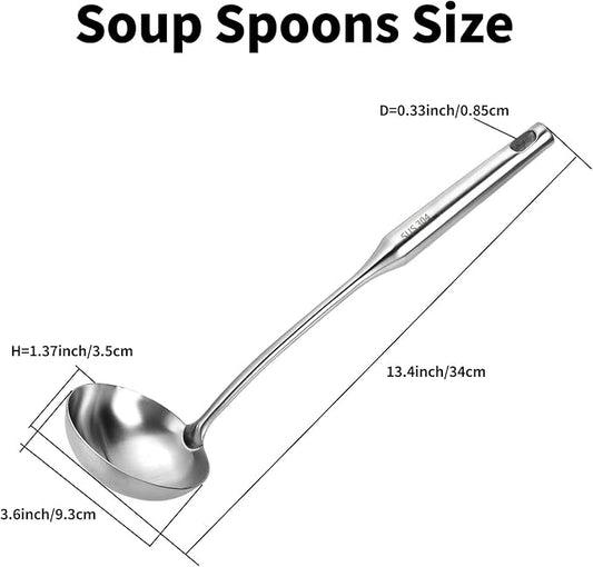 TBWHL Metal Soup Ladle 13.4" 304 Stainless Steel with Long Handle - Professional Kitchen Ladle with Ergonomic Handle & Perfect Balance for Gravy, Sauce & Broth
