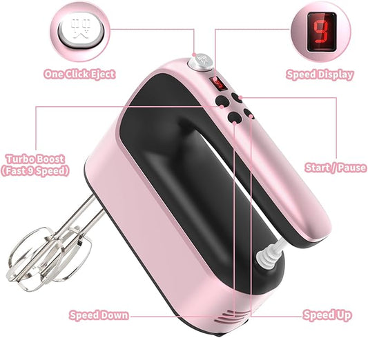 Yomelo 9-Speed Digital Hand Mixer Electric, 400W Powerful DC Motor, Hand Mixer Electric Handheld with Snap-On Storage Case, 5 Stainless Steel Accessories, Beaters, Dough Hooks, Whisk(Rose Gold)