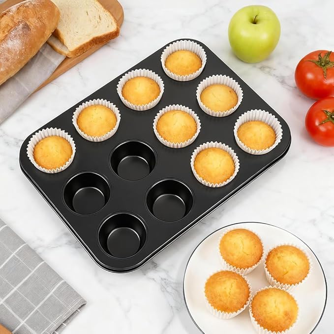 Smile Tree Muffin Pan & Cupcake Pan Set, 2 Pack 12-Cup Muffin Pans for Baking with 120 Cupcake Liners, Nonstick, Heavy-Duty Steel, Scratch-Resistant, Easy Release for Family & Party Baking (Black)