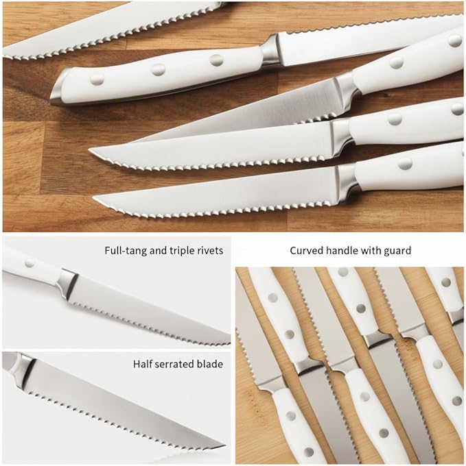 Alata 8-Piece White Steak Knives Set with Block, Stainless Steel Steak Knife set with Serrated Edge, Razor-Sharp, Full-Tang Construction