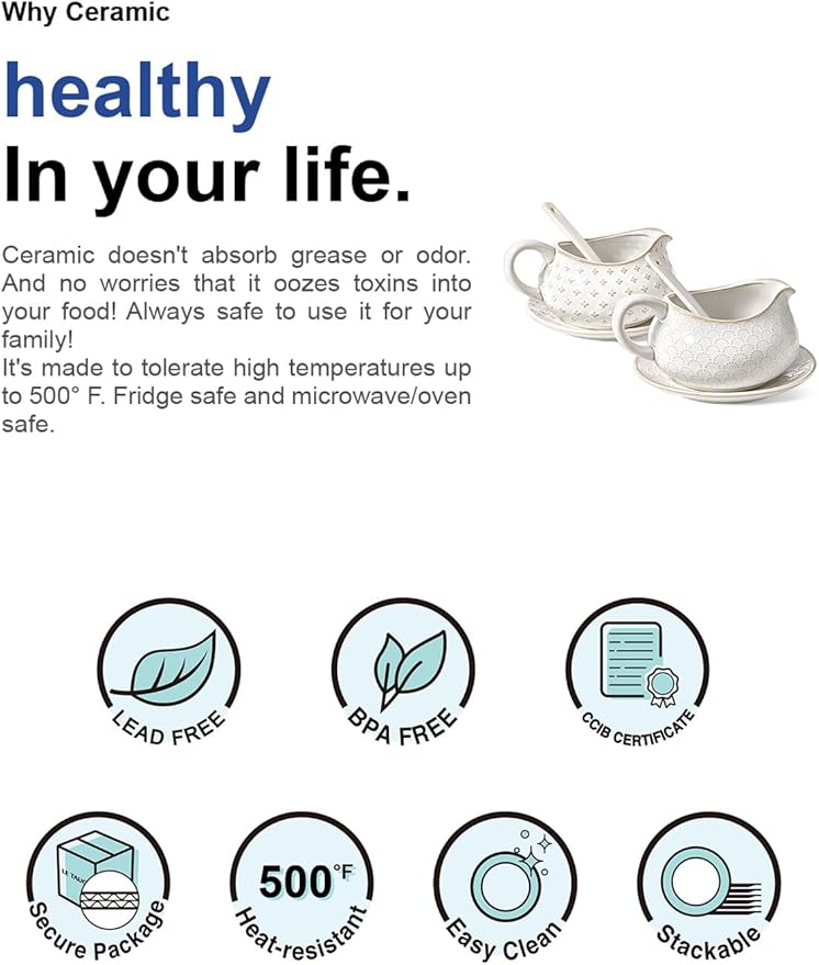 LE TAUCI Gravy Boat with Ladle and Saucer Stand 24oz, Ceramic Sauce Boat with Tray for Salad Dressings, Creamer, Broth, Black Pepper, Set of 2, Arctic White, Firework+Clover
