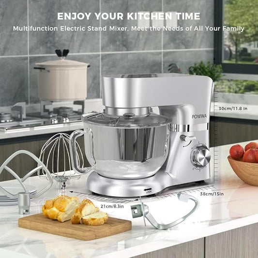 POWWA 7.5 Quart Electric Mixer, 6+1 Speed 660W Tilt-Head Kitchen Food Mixers with Whisk, Dough Hook, Mixing Beater & Splash Guard for Baking, Cake, Cookie (Silver)