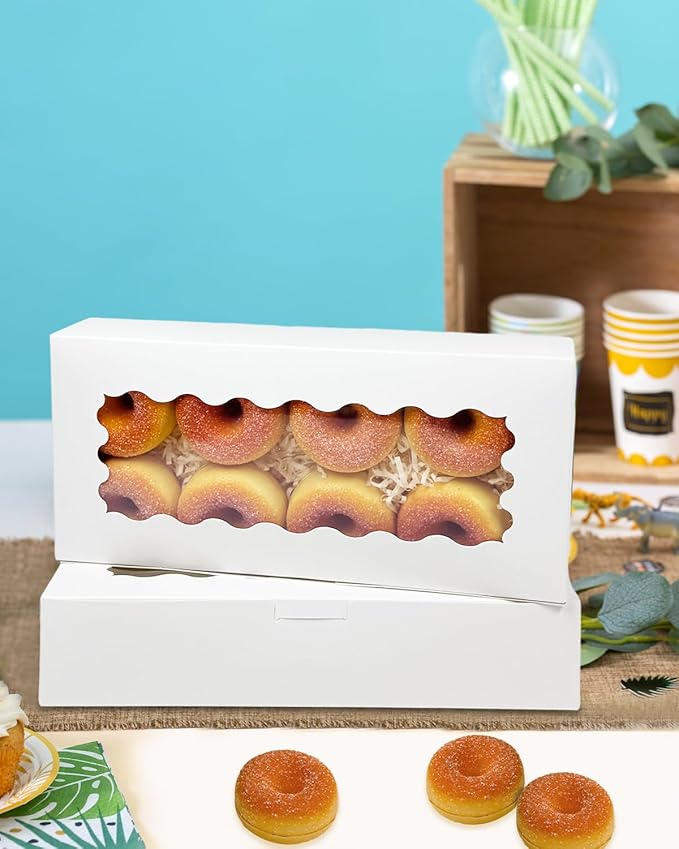 qiqee 50 Packs White Cookie Box with Window 12x5.5x2.5 Inch Two Uses Pastry Biscuit Bakery Box For Packaging