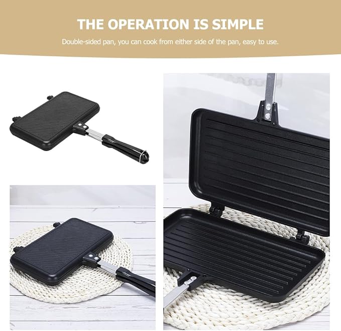 DOITOOL Double-Sided Non-Stick Sandwich Pan 14 Inch Baking Tray with Ergonomic Handle for Stovetop Cooking Breakfast Omelette Toast Maker