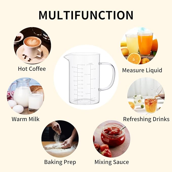 500ML Glass Measuring Cup With Handle, High Borosilicate Glass Three Scales V-Shaped Spout Clear Measuring Cup (OZ, Cup, ML/CC) Easy To Read Kitchen Tools