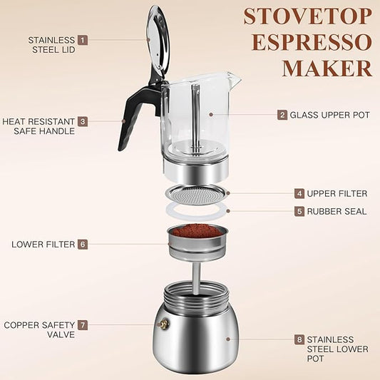 Newdehanm Stovetop Espresso Moka Pot, Crystal Glass-Top & Stainless Steel Italian Coffee maker, 300ml(6cup) (silver)