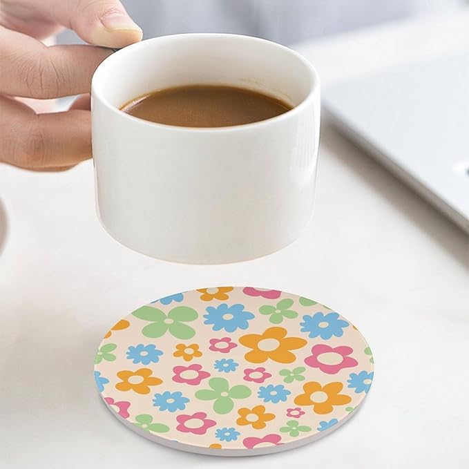 Floral Drink Coasters, Round Ceramic Drink Coaster Round-4PCS, Cartoon 70s Cute Flower Abstract Pastel Daisy Floral Decor Absorbent Ceramic Coasters for Beverage Cup, Bar, Coffee Table